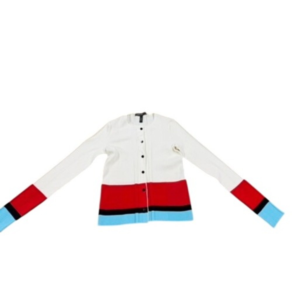 Marc Cain Womens Colorblock Ribbed Cardigan Sweater Cream Red Blue N1 SZ S MINT